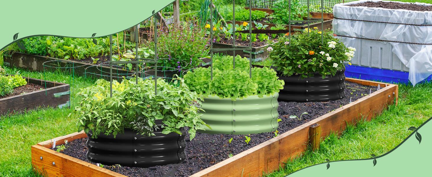 Lilypelle 3 Pcs 24x24x12in Round Galvanized Raised Garden Bed with Tomato Cages, Metal Planter Box for Planting Plants Vegetables Herbs Flowers