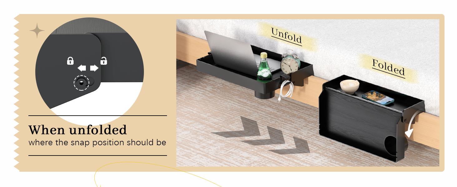 Bedside Shelf, Foldable Bunk Bed Shelf Clip On Nightstand Tray College Dorm Room Essential Table Caddy with Cup & Cord Holder for Top Bunk Organizer Bedroom, Normal Size, Black