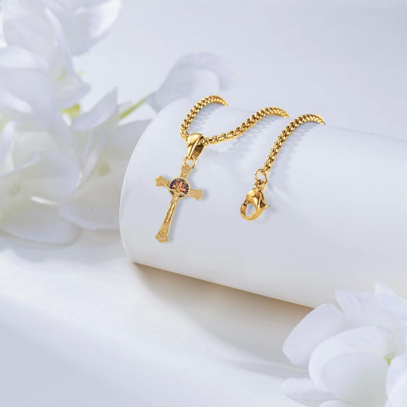 DRINSPER Saint Benedict Cross Necklace 925 Sterling Silver San Benito Pendant Necklace, Pardon Crucifix Necklace, Religious Jewelry for Men Women TikTokShopBlackFriday