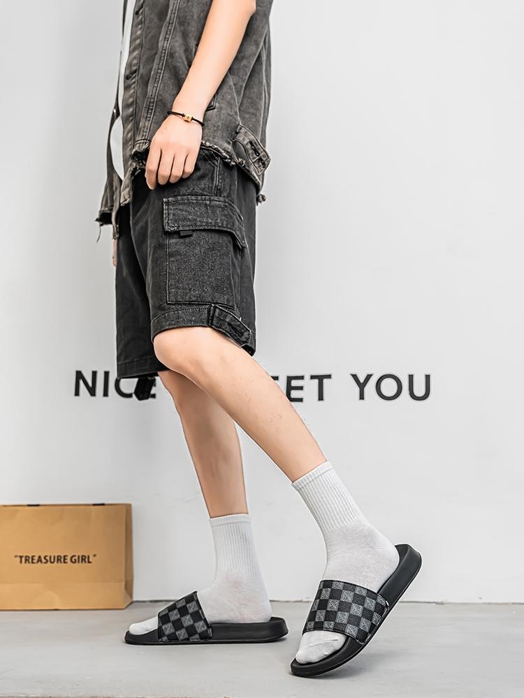 Men's Checkered Pattern EVA Slides, Casual Comfortable Non-slip Slippers, Open Toe Shoes for Indoor Outdoor Beach Shower