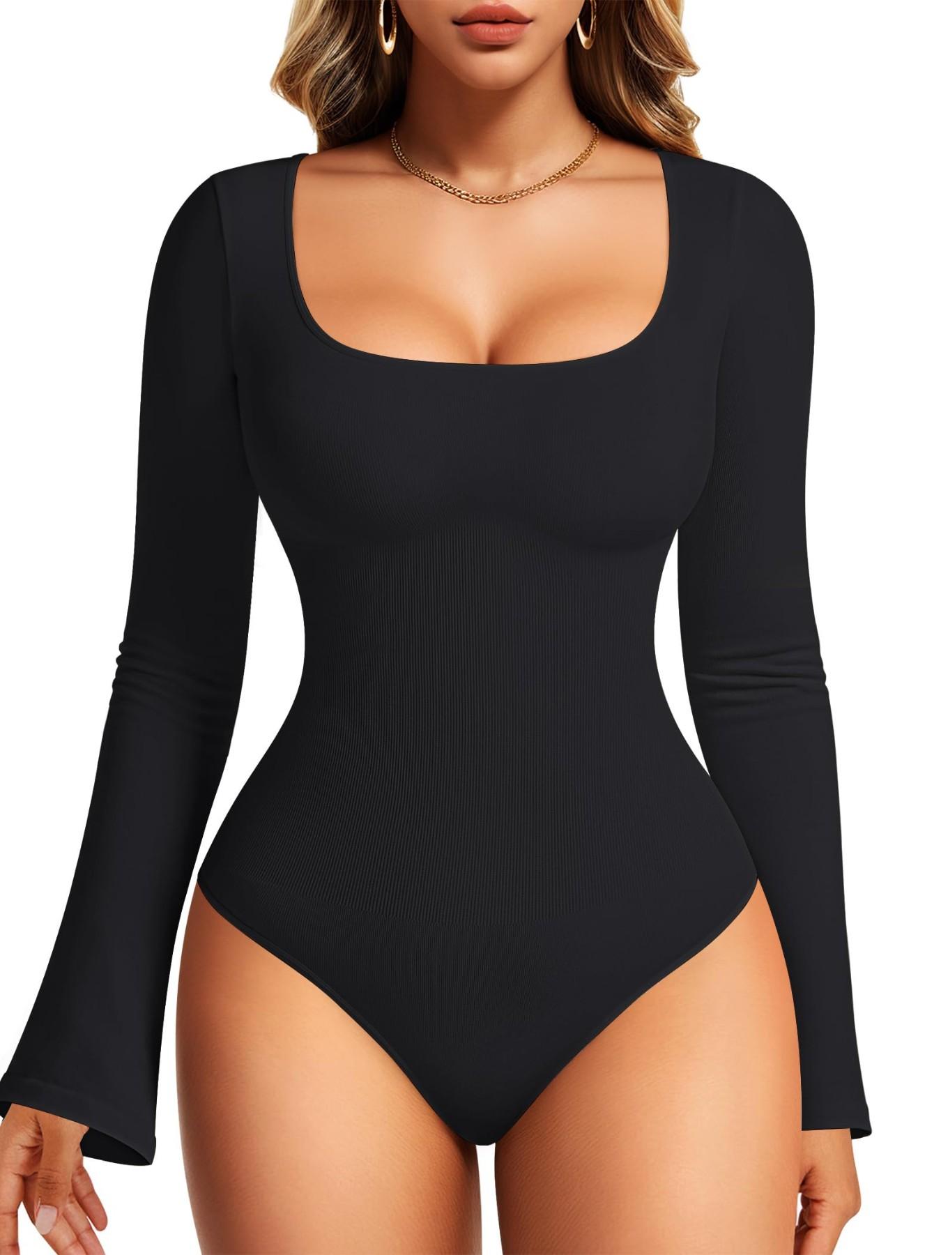 Women's Long Sleeve Bodysuit, Shapewear Flat Belly Shaper, Waist Cinching Shaping, Square Neck Bell Sleeve, Comfortable Fit, Perfect for Daily Wear