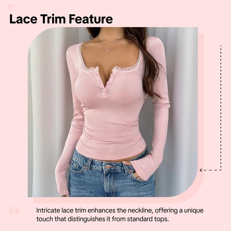 Lace Trim V-Neck Long Sleeve Top, Casual Knitted Striped Sweater, Warm and Versatile for Fall & Winter, Daily Wear, Lace Knit Design