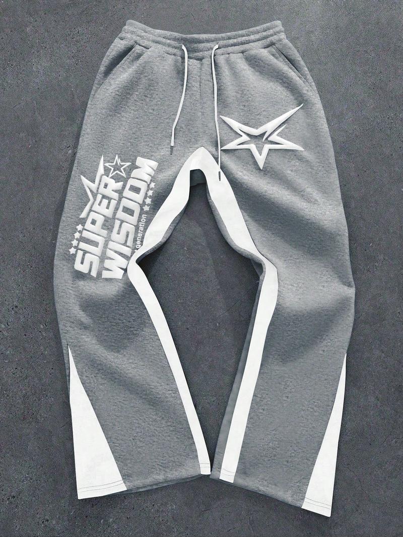 Men's Colorblock Letter & Star Print Sweatpants, Casual Comfy Straight-leg Pants for Daily Wear, Men's Trousers for All Seasons, Athleisure Style Bottoms