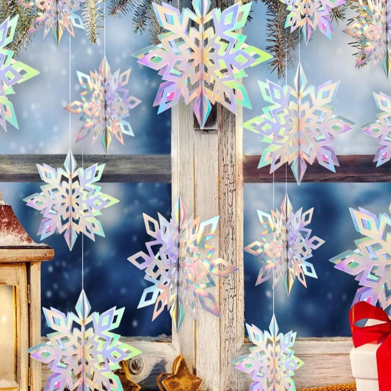 Christmas Hanging Snowflake Decor Set, 6/12 Pieces, 3D Rainbow Paper Snowflakes, Winter Wonderland, Christmas & Birthday Party Decoration