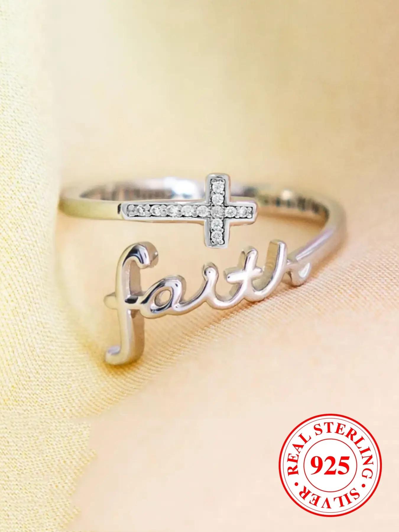 S925 Sterling Silver Cross & Letter Design Cuff Ring, Adjustable Open Ring for Women & Men, Fashion Jewelry Accessories for Daily Wear, with Box, Engraved Ring