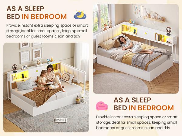 Hasuit Corner Twin Lift Up Storage Bed Frame with Charging Station & LED Lights, Twin Day Bed with Upholstered Headboard and Bookcase, Corner Beds with Hydraulic for Kids Teens Guests