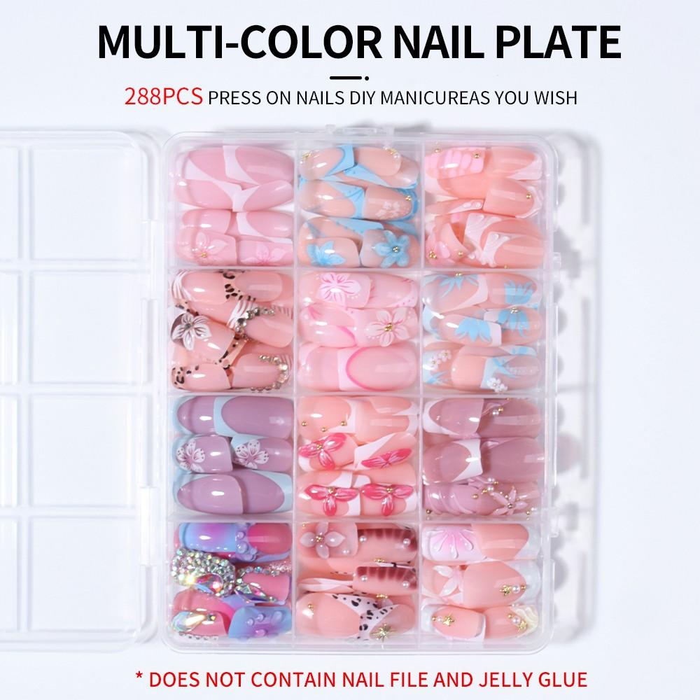 288pcs Square Press-On Nails, 3D Gel Flower, Shell, Star Designs, Medium Length, Acrylic Material, Nail Art Supplies, Perfect for Daily Use & Parties, Kawaii Nails