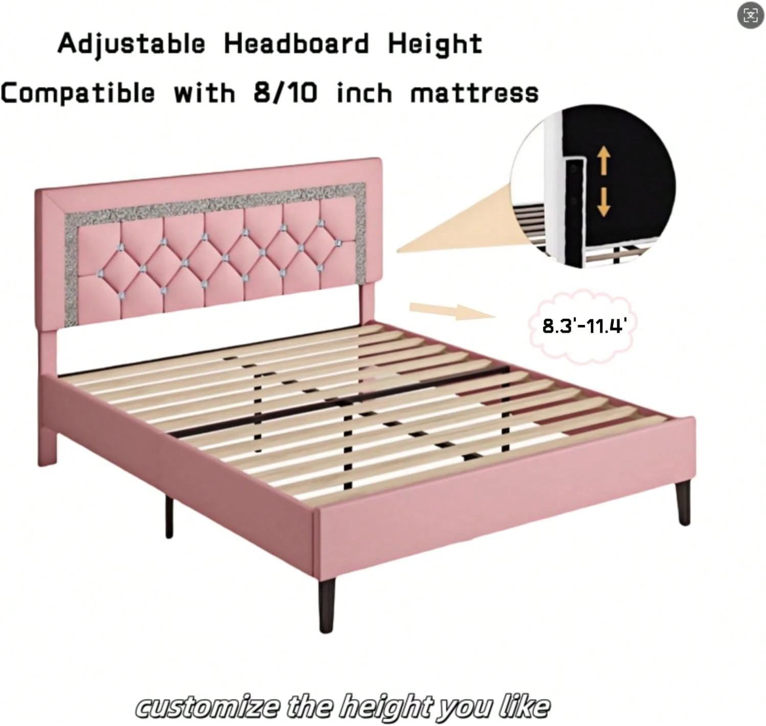 Twin/ Full/ Queen Bed Frame With Headboard, Modern Upholstered Bed Frame With Diamond Tufted Headboard, PU Leather Bed Frame, No Box Spring Needed, Easy Assembly, White/ Black/ Pink
