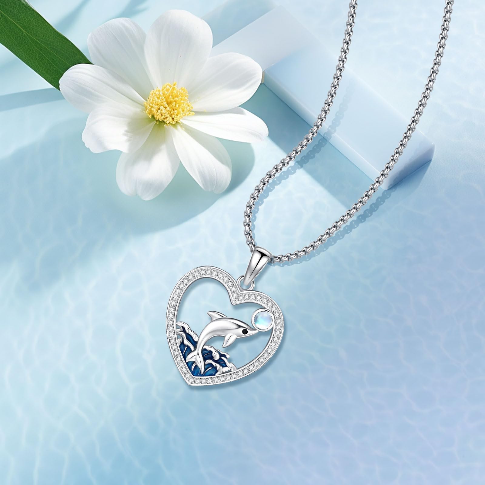 DRINSPER Dolphin Necklace 925 Sterling Silver Pendant & Moonstone Design Fashion Jewelry Accessories for Women Rhinestone Decor Daily Wear Necklace Gift for Mother's Day Birthday
