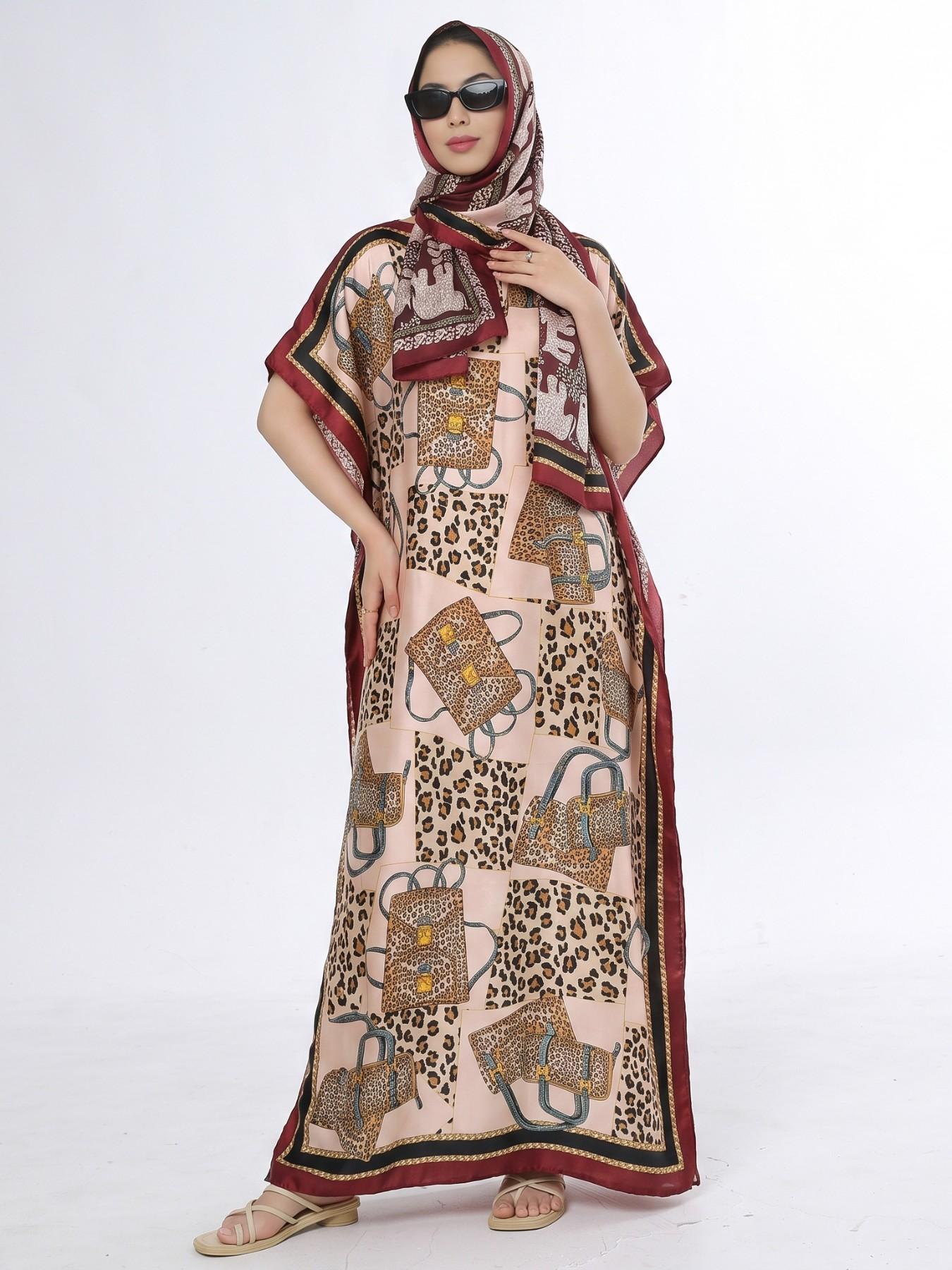 Women's Elegant Dynamic Print Silk-Feel Long Robe & Poncho Kaftan Set, Loose Satin Muslim Islamic Clothing Set Fashion Short Sleeve Maxi Dress & Scarf Two Piece Sets, Lightweight Going Out Outfit Women's Elegant Dynamic Print Silk-Feel Long Robe & Poncho Kaftan Set, Loose Satin Muslim Islamic Clothing Set Fashion Short Sleeve Maxi Dress & Scarf Two Piece Sets, Lightweight Going Out Outfit