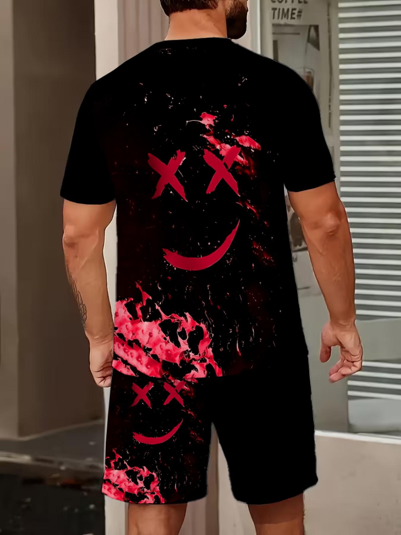 Men's Summer Gaming Set, Fitted Set, Short Sleeve Tee and Shorts, Knee-Length, Casual Slim-Fit, Print Pattern, All-Season Fashion, Menswear