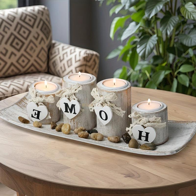 Wooden Candle Holders Centerpieces for Living Room Coffee Table Decorations | Wooden Candles Holders with Wood Tray,Candlesticks for Home Decoration Fireplace Farmhouse Table Kitchen Decor