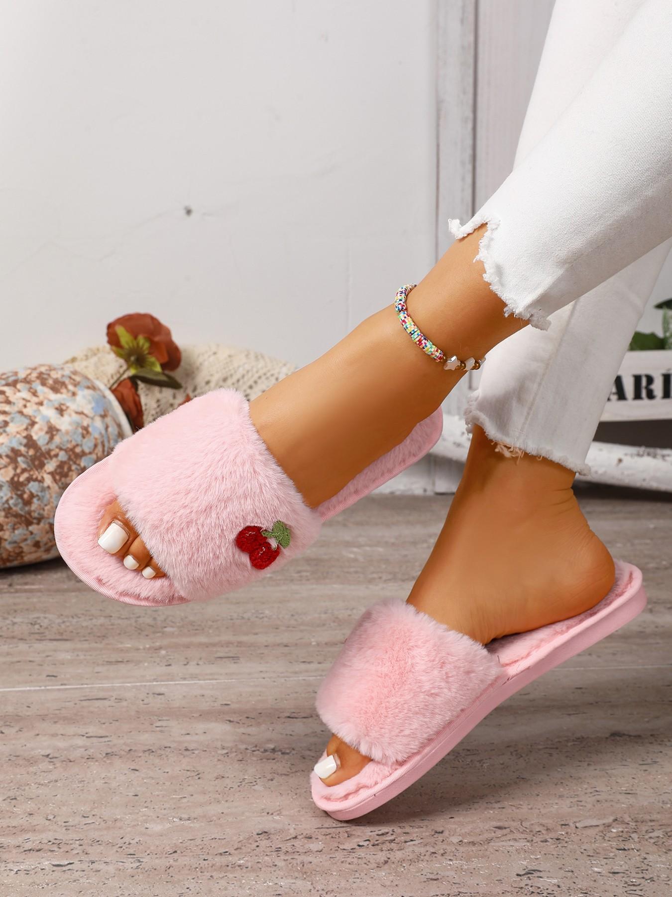 Cute Cherry Plush Casual Women's Slippers, Comfortable Indoor Warm Shoes, Fashion Home Footwear, Soft Textile Upper, Rubber Sole