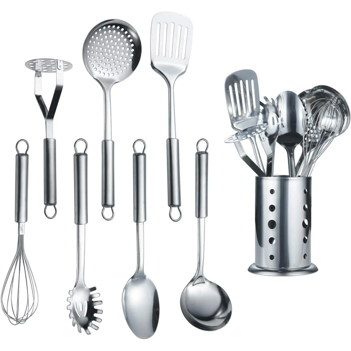 Cooking Utensil Set 8 Piece, Stainless Steel Kitchen Tool Set with Stand,Cooking Utensils, Slotted Tuner, Ladle, Skimmer, Serving Spoon, Pasta Server,Potato Maseher, Egg Whisk.(8 Pieces)