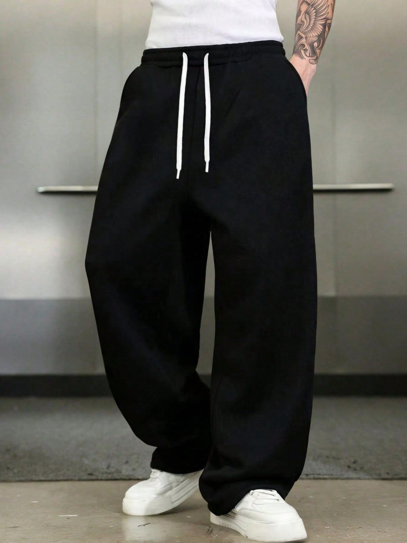 Men's Warm Fleece Wide Leg Sweatpants, Elastic Waist, Loose Fit, Casual Street Style, Athleisure Menswear, Fall & Winter, Ankle Length, with Pockets