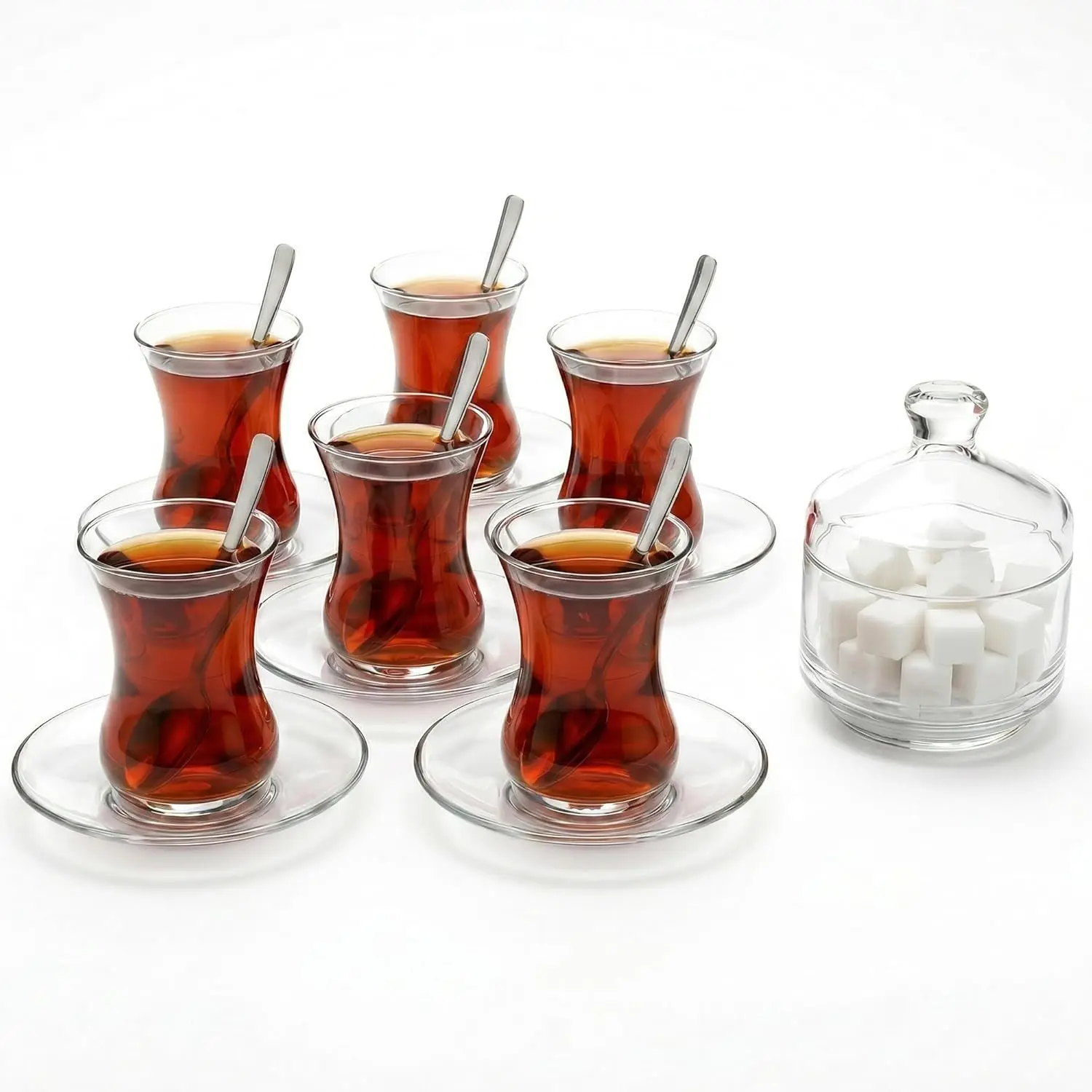 19 Pieces Turkish Tea Glasses Set Includes 6 4.5oz Tea Cups, 6 Saucers, 6 Stainless Steel Spoons and 8.6oz Sugar Bowl with Glass Cover