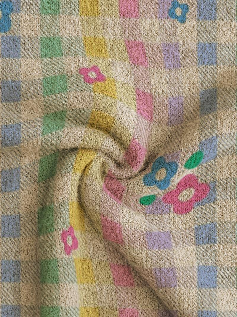 Women's Multicolor Plaid Floral Print Stand Collar Sweater, Fall Winter Casual Long Sleeve Knitwear, Comfortable Warm Daily Wear