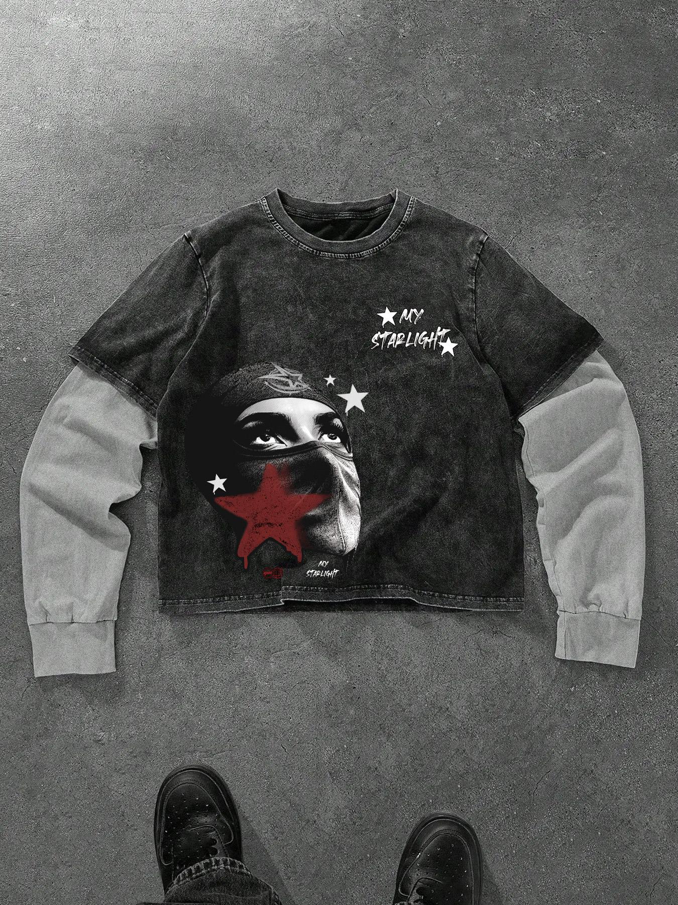 Men's Washed Cotton Mock Two-Piece Round Neck Long Sleeve Fitted Tee, with Star Print Design, a Casual and Trendy All-season Wardrobe Essential