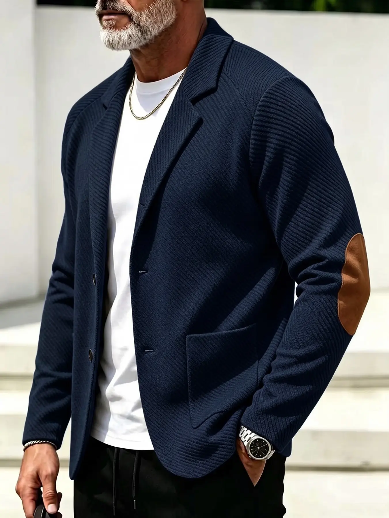 1pc Men Regular Fit Blazer Jacket, Elbow Patch Design, Diagonal Textured Knit Fabric, Notched Lapel Single Breasted Coat For Fall Winter