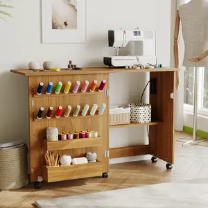 Folding Sewing Table with Charging Station, Rolling Craft Desk with Locking Wheels & Storage Trays for Small Spaces, Sewing Machine Cabinet for Home Craft Room
