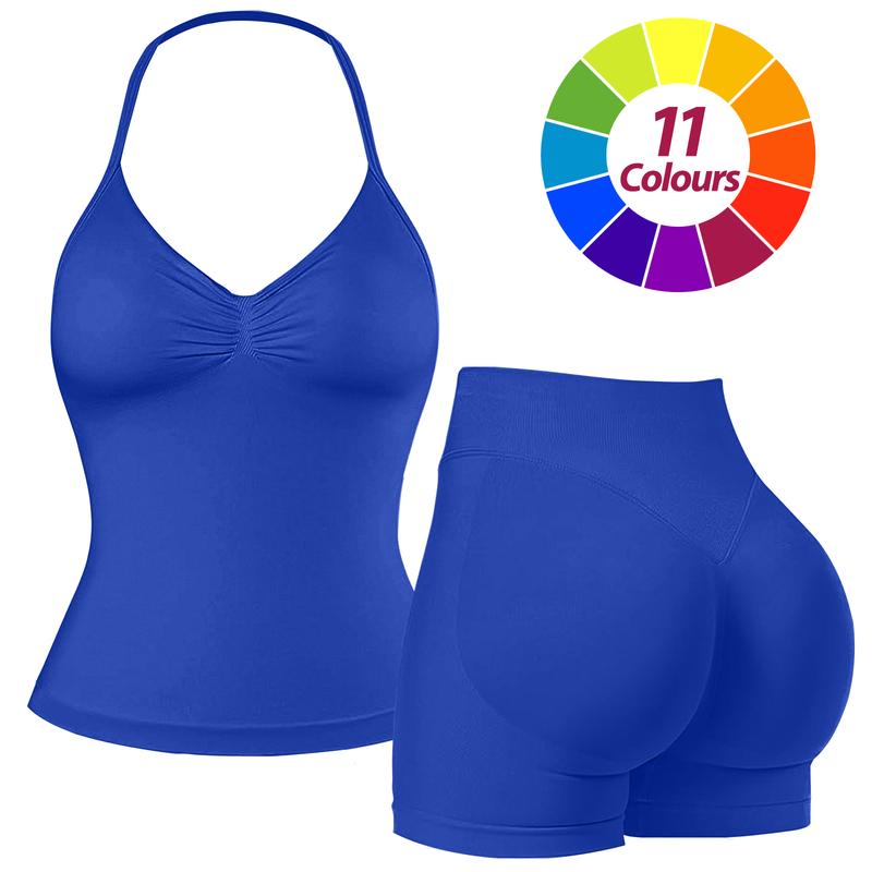 RICH BRIA Women's Seamless Halter Tank Top with High Waist Shorts Set for Yoga and Fitness, Breathable & Comfortable Activewear Summer Two-Piece Set