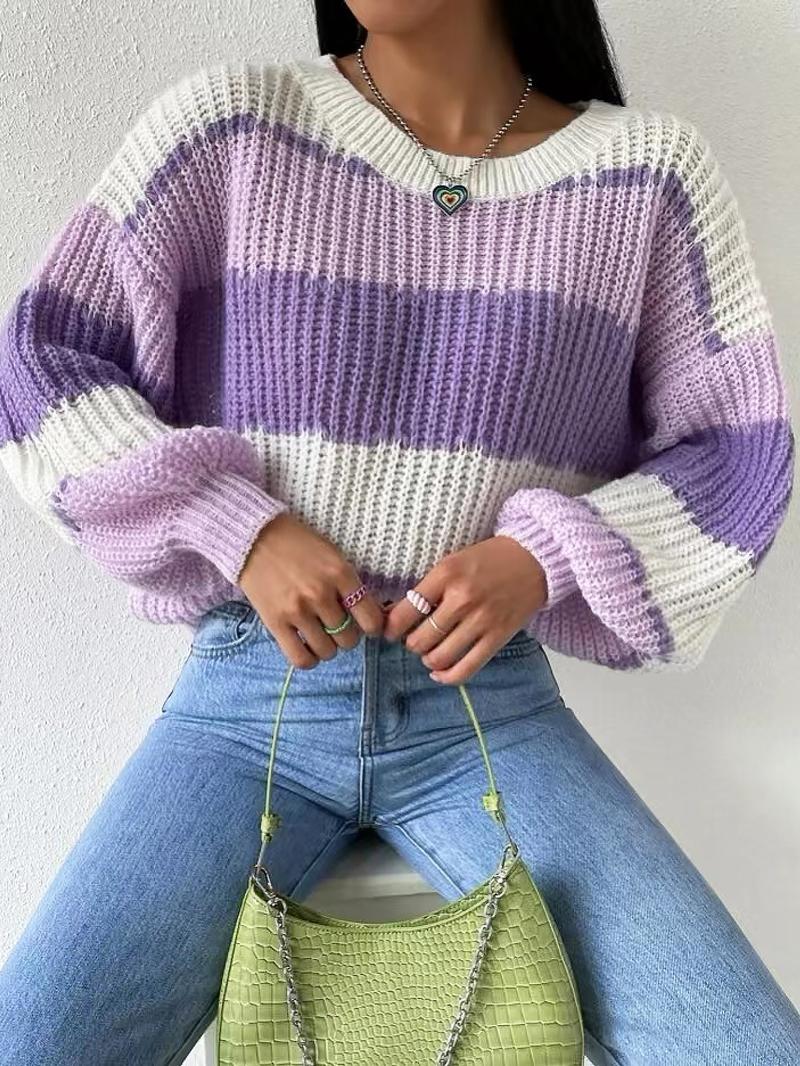 Women's Colorblock Bishop Sleeve Round Neck Sweater Without Necklace, Casual Long Sleeve Jumper for Fall & Winter, Women's Knitwear for Daily Wear