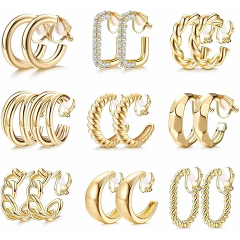 CASSIECA Chunky Clip Hoops Earrings Stacks 14K Gold Plated Non Pierced Tear Drop Earrings for Women, Daily Wear Fake Costume Jewelry Sohochic