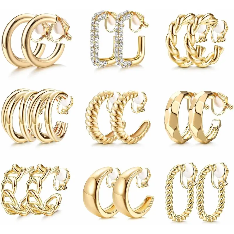 CASSIECA Chunky Clip Hoops Earrings Stacks 14K Gold Plated Non Pierced Tear Drop Earrings for Women, Daily Wear Fake Costume Jewelry Sohochic