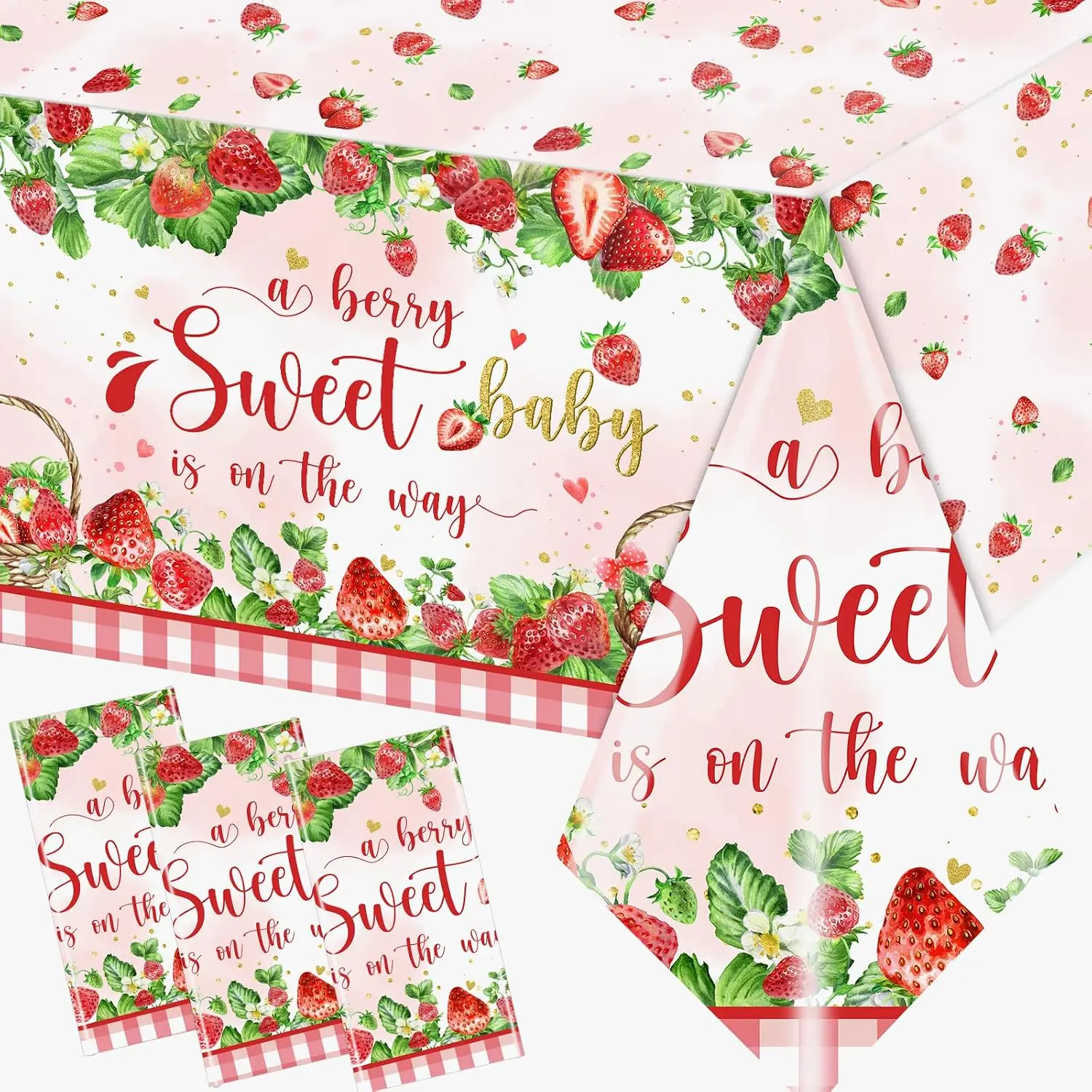 3Pcs Strawberry Baby Shower Table Cloth Plastic A Berry Sweet Baby is On The Way Tablecloth Strawberry Tablecloth Strawberry Baby Shower Decorations Red Baby Shower Decorations for Girl