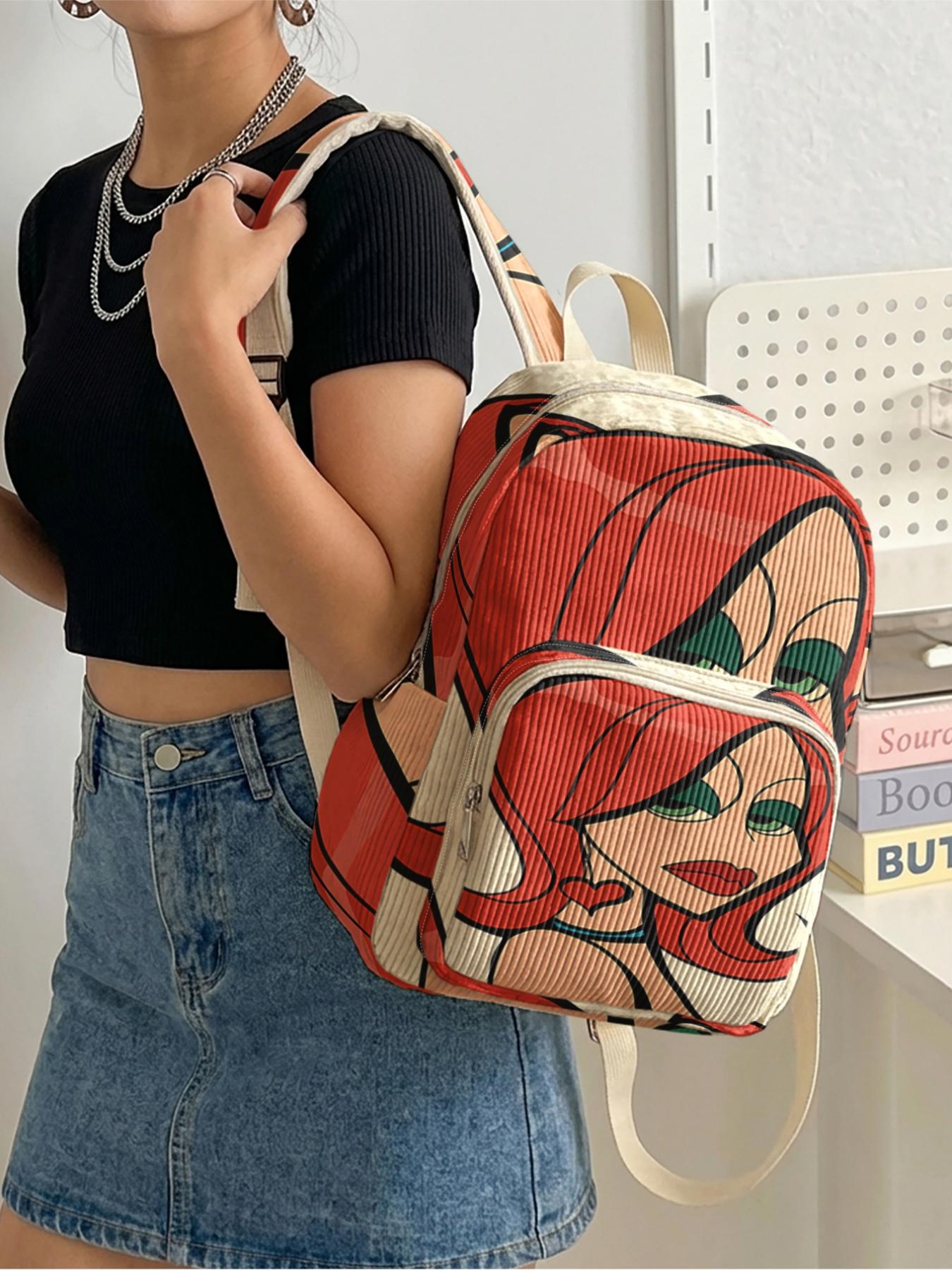 1 piece of 2D printed lady's backpack with red-haired character pattern, chenille texture + layered storage + lightweight and easy to carry|Perfect for students to go to class/shopping/short trips|Combines atmosphere with practicality