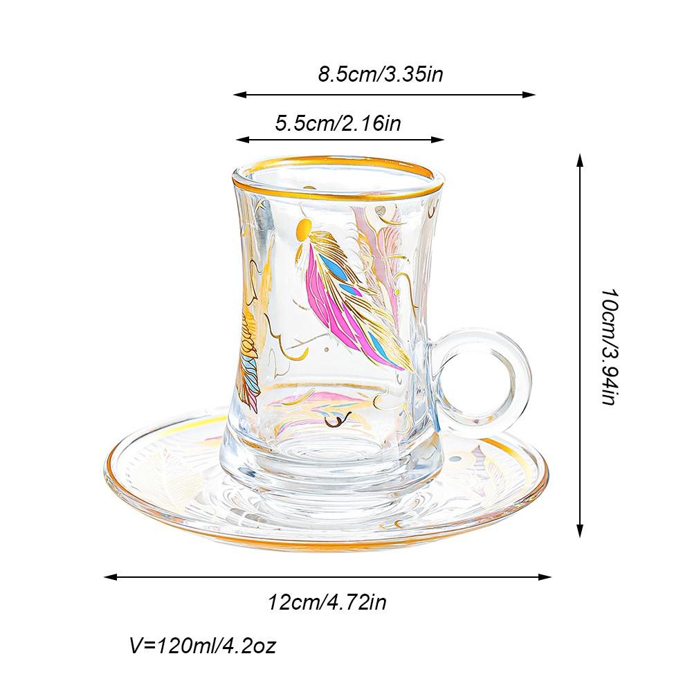 Vintage Turkish Tea Glasses Cups and Saucers Set of 6 Handle Drinkware Drink Bar Fancy Teapots Serving Glassware Drinking Kitchen Women Moroccan Persian Teacups Party Art Deco