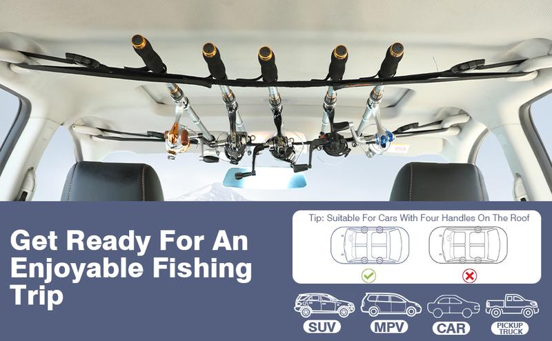 MOKO Vehicle Fishing Rod Holder, Car Fishing Pole Roof Rack Inside, 5 Rod Capacity, Heavy Duty Adjustable 30-54 Inch, Fishing Rod Carrier Fishing Pole Storage Straps for Truck Car SUV Wagons Van