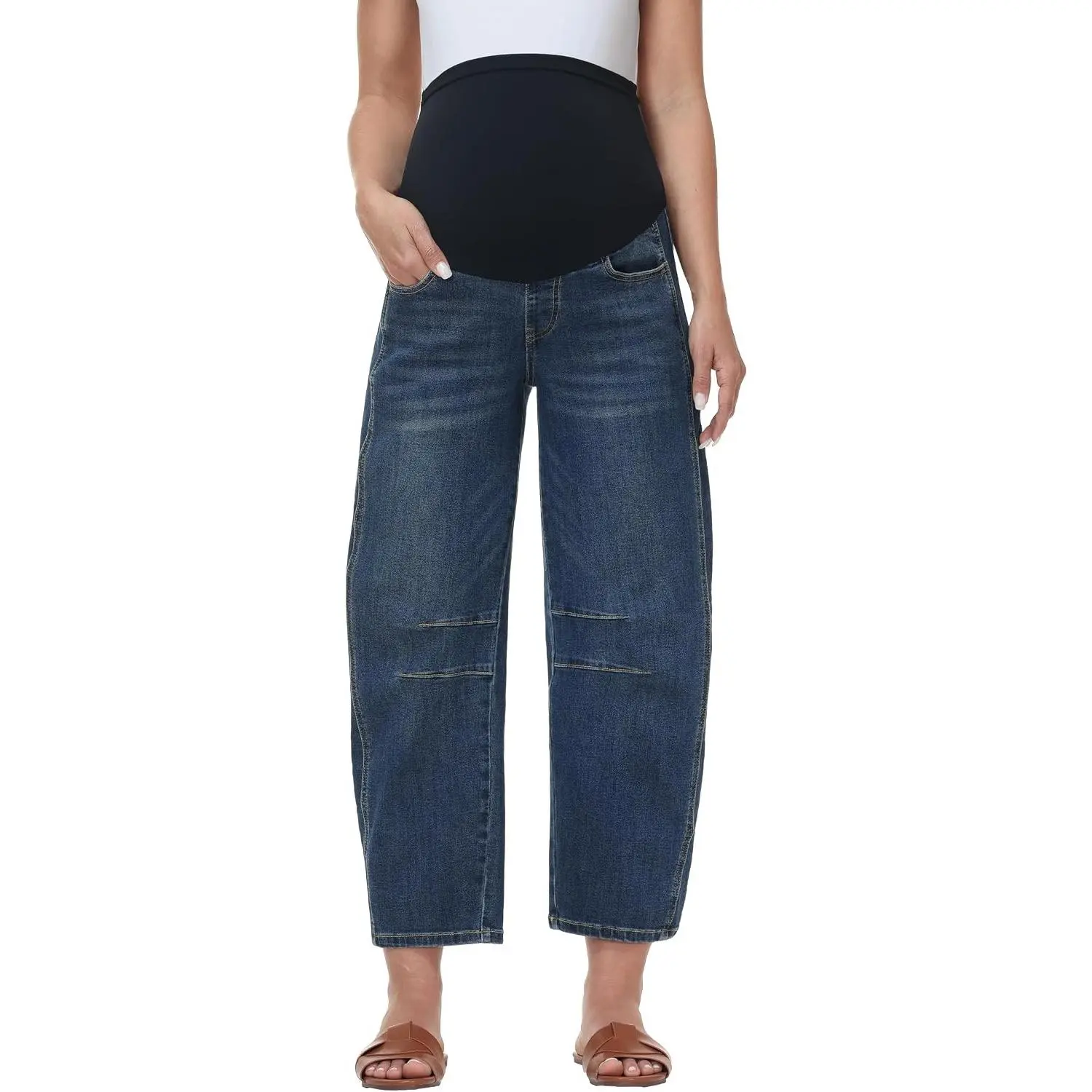 Maternity Barrel Jeans Wide Leg Denim Pants | Over Belly, Comfy Stretchy Fabric, Basic Pockets, Baggy Loose Jeans, Pregnancy Work Casual Pants, Maternity Clothes