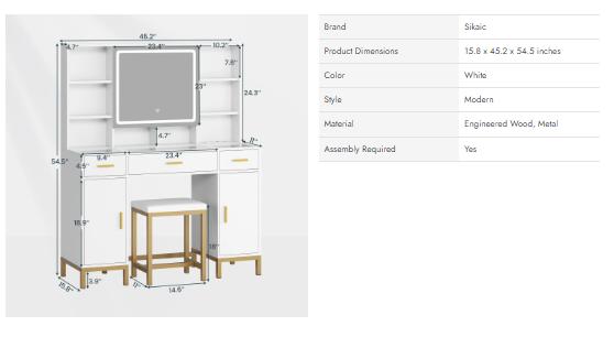 Sikaic Makeup Vanity Set With Mirror And Lights Charging Station Furniture Luxury Modern Design Bedroom Storage