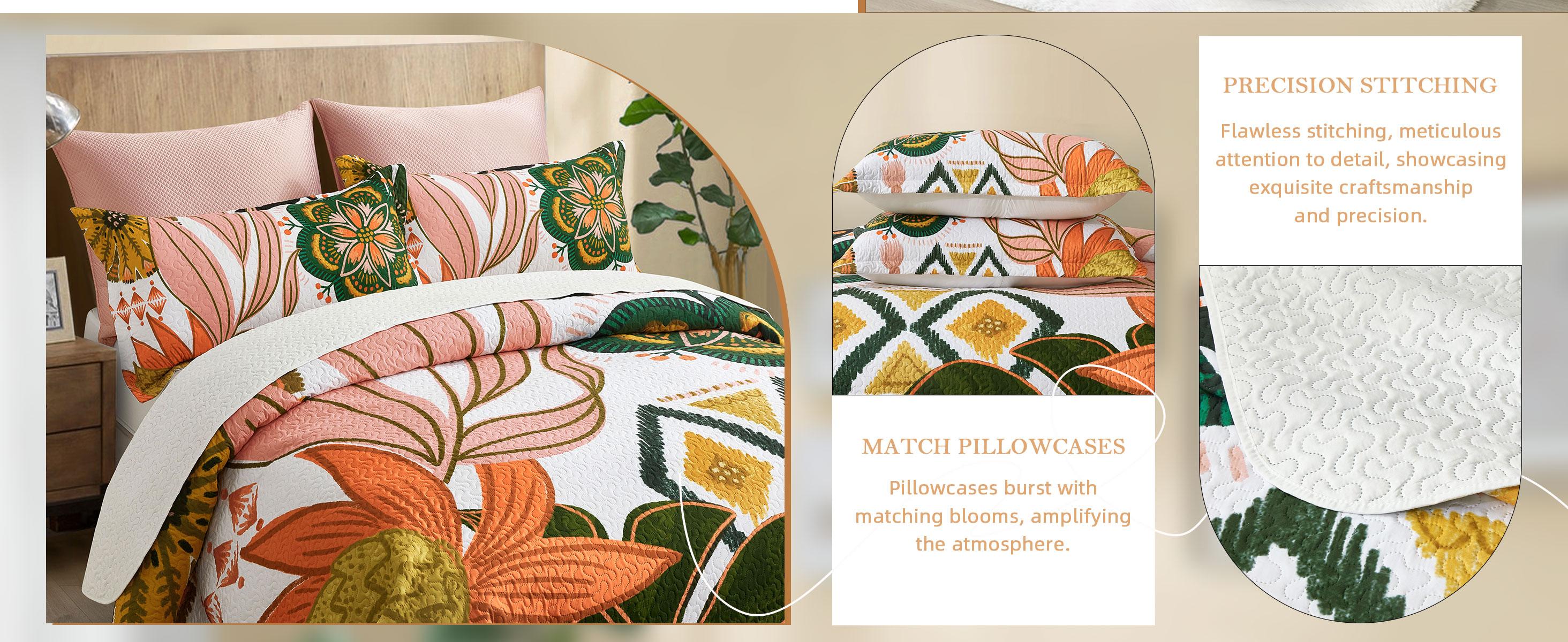 Tyrot 3 Piece Boho Floral Quilt Sets Farmhouse Botanical Reversible Lightweight Bedspread Coverlet with 2 Shams Mid Century Leaves Microfiber Bedding Quilts Set for All Season summerwins
