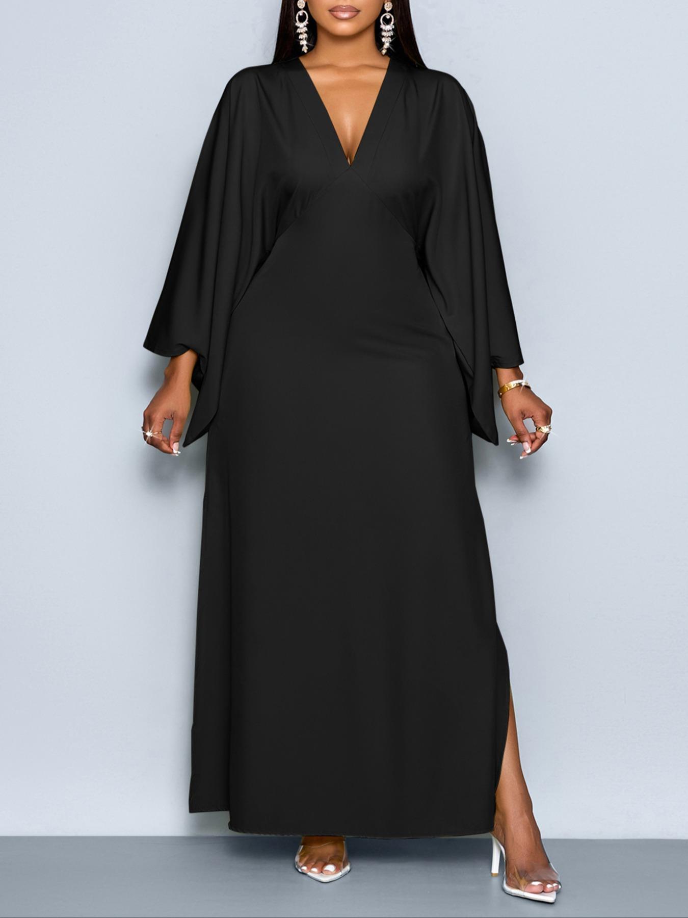 Women's Elegant Fall Casual Loose-Fit Dress, Deep V-Neck Long Sleeve High-Waisted Split Hem, Plus Size Woven Fabric Womenswear