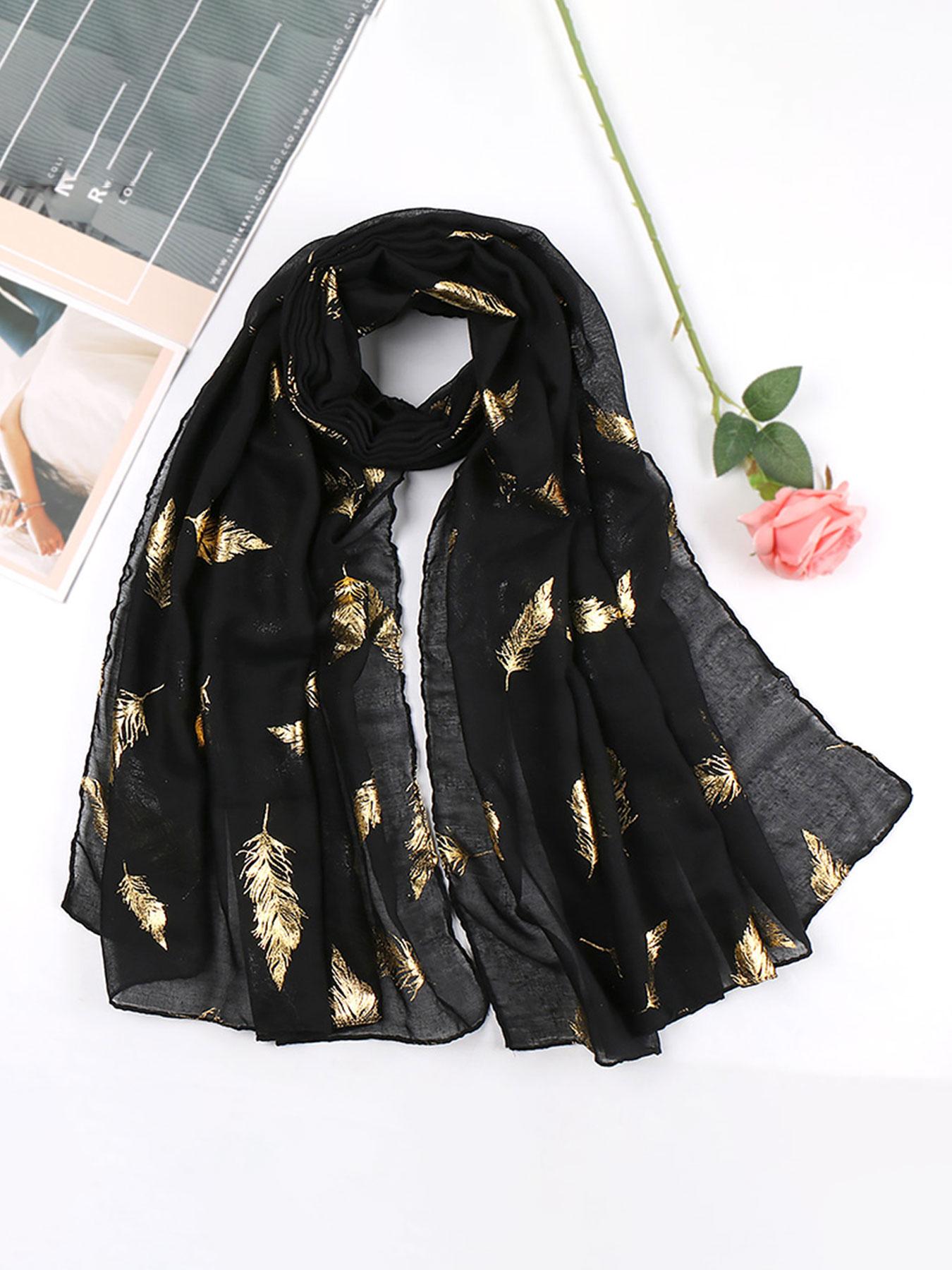 Ladies' Elegant Scarf with Feather Pattern, Lightweight Polyester Fabric for Fashion Accessories, Perfect for Stylish Hijab