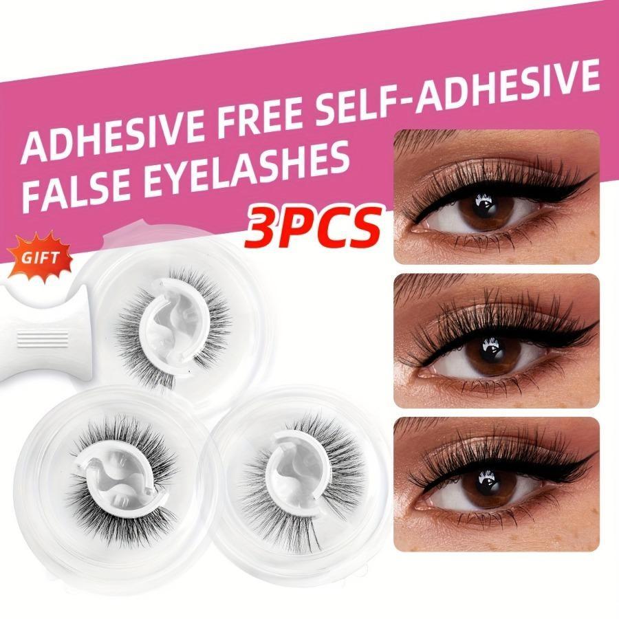 Self-Adhesive False Eyelashes Set of 3 Pairs, Pre-Glued Reusable Lashes, Cat Eye, Natural, Cross, Fluffy, Extra Thick, B/c Curl, 6-15mm, Cosmetic
