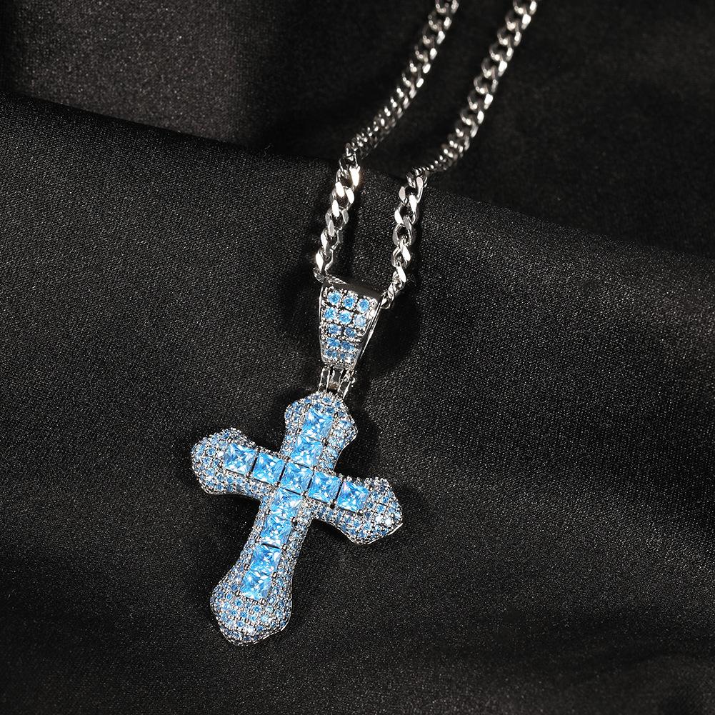 Hip-hop new blue zirconium cross necklace for men, fashionable and versatile heavy-punk sweater chain accessory