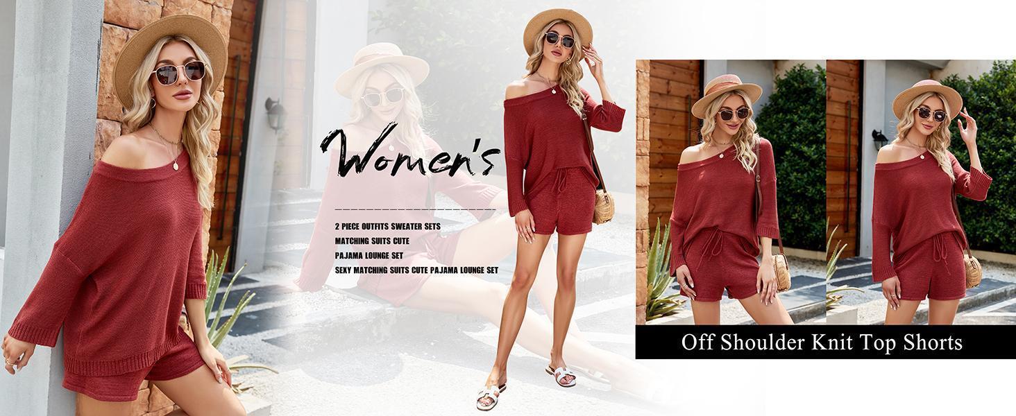Imily bela Women's 2 Piece Outfits Sweater Sets Off Shoulder Knit Top Shorts Matching Suits Cute Pajama Lounge Set