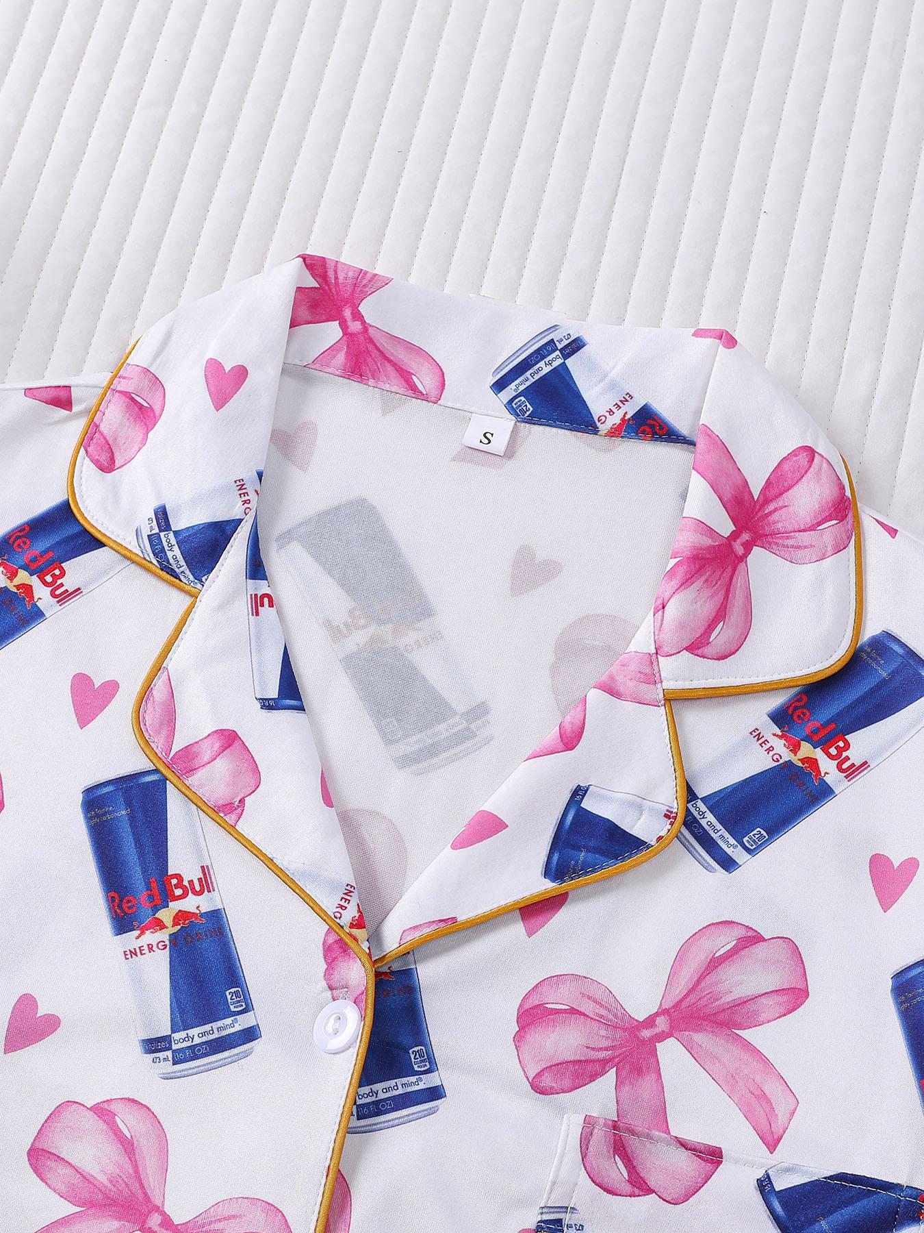 2-piece women's full body pink bow love drink bottle short sleeved shorts soft and comfortable skin friendly smooth top small pocket button closure elastic waistband suitable for all seasons home casual wear pajamas