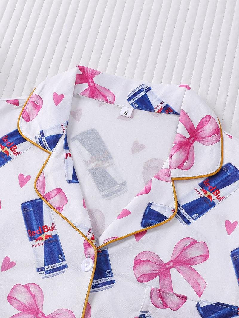 2-piece women's full body pink bow love drink bottle short sleeved shorts soft and comfortable skin friendly smooth top small pocket button closure elastic waistband suitable for all seasons home casual wear pajamas