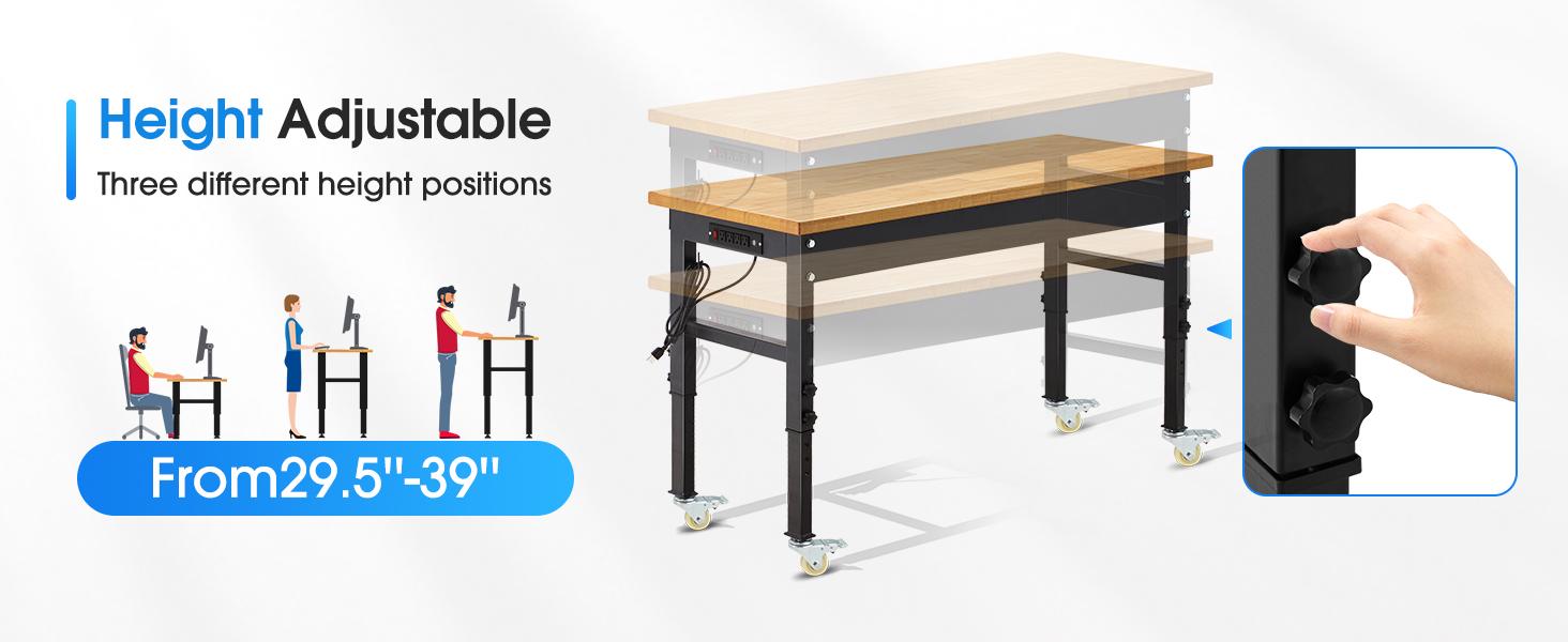 60'' Adjustable Workbench on Wheels, 2000 LBS Heavy-Duty Workstation with Power Outlets, Rubber Wood Top Worktable for Garage, Workshop, Home, Commercial