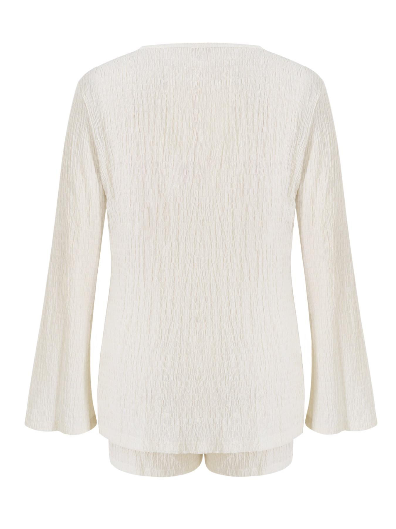 Women's Solid Color Longsleeves Fitted Tie Front Top & Shorts Set, Minimalist Basic Casual Fashion Cozy Two-piece Fashion Style Sets for Daily Outdoor Wear, Ladies Summer Clothes, Womenswear, Loungewear, Homewear, Casual Comfy Pajama Set, Cream