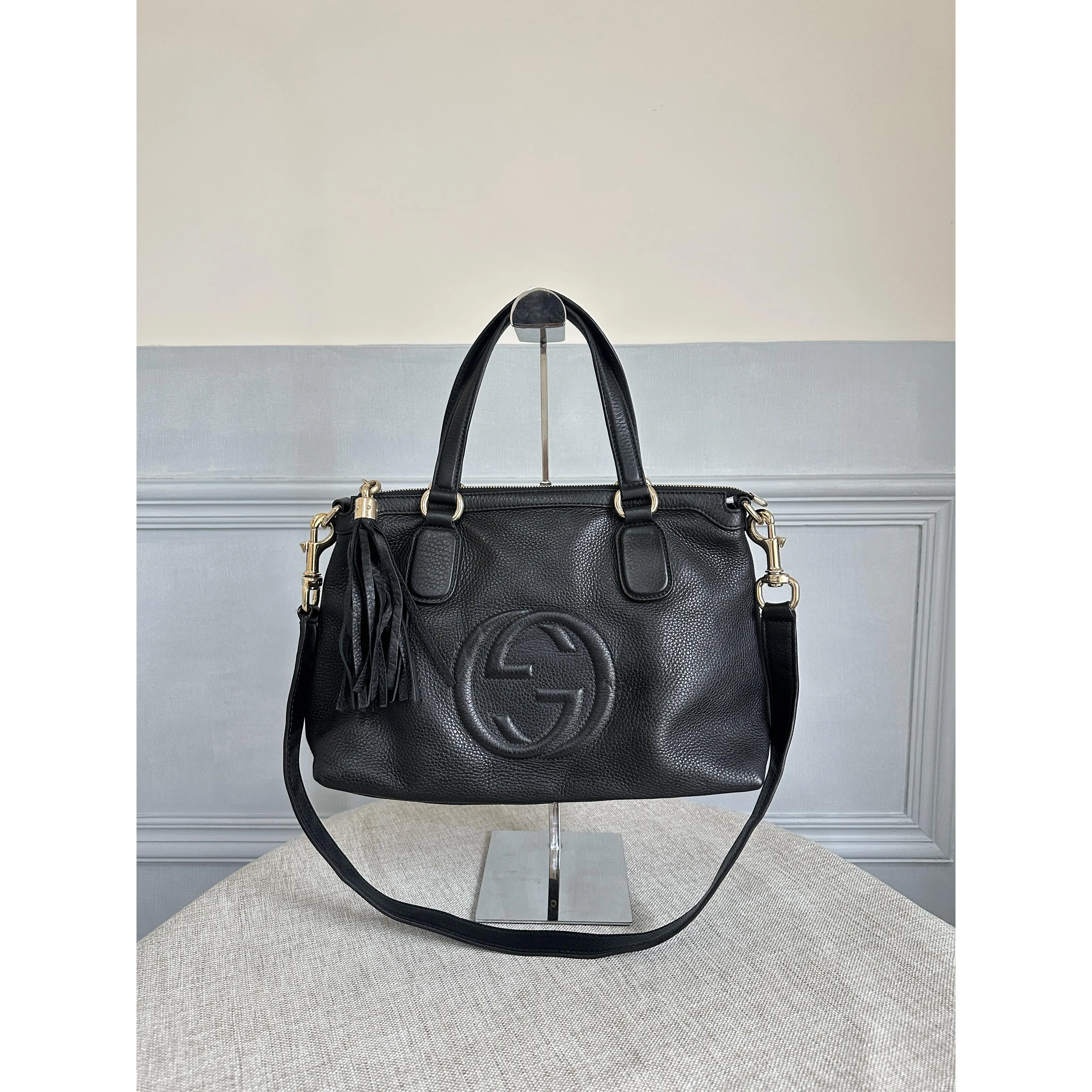 Pre-owned GUCCI Black Pebbled Leather Soho Satchel Handbag Crossbody Bag