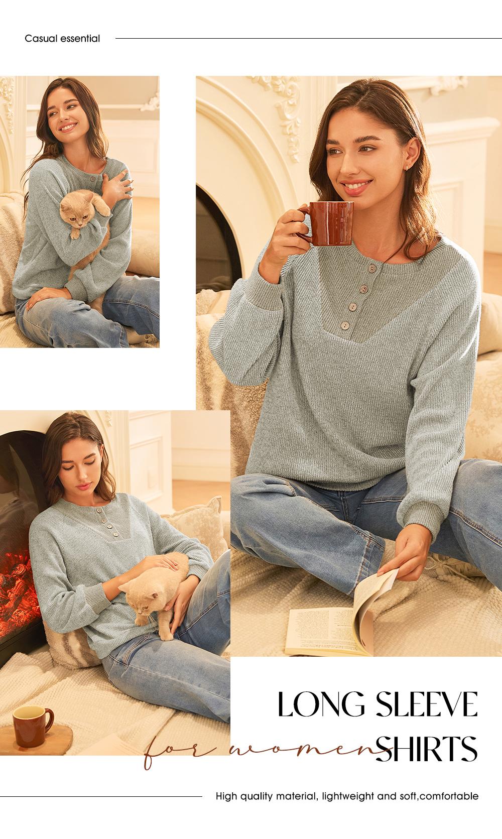 EVALESS Women's Spring Lightweight Puff Long Sleeve Sweatshirt, V Neck Button Up Solid, Casual Basic Pullover Tops, 2026 Fashion Minimalist Outfit