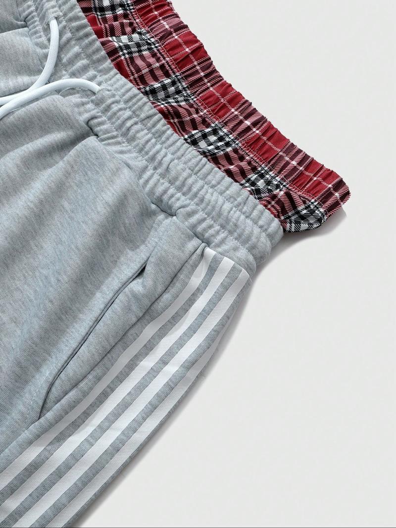 LA Heart Graphic Gray Wide-Leg Joggers | Plaid Waistband Striped Pants – City Aesthetic! Comfy Fleece Fabric, Retro Sporty Fit Perfect for #OOTD, #StreetwearVibes, #Y2KRevival. Stylish for Brunch, Hangouts or Casual Days – Bold LA-Th Wide Sweatpants