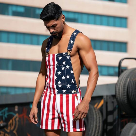 Men's and Women's American Flag Denim Overalls Stretch Shorts, Patriotic, Merica Menswear Suits Sleeveless