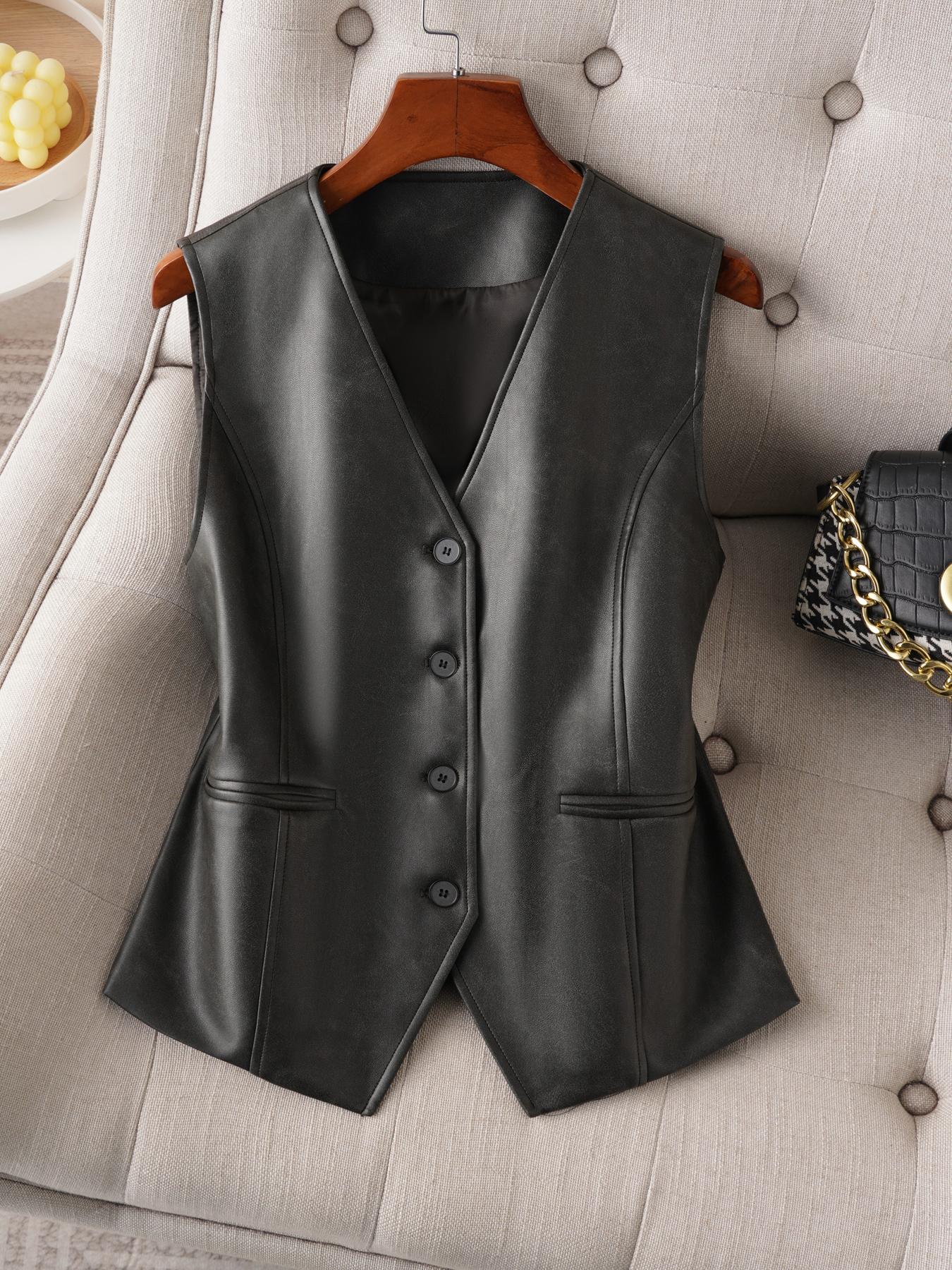 Women's Solid Color Button Front Pu Leather Vest, Fashion Casual V Neck Outerwear for Work Office Business, Ladies Spring & Fall Clothes