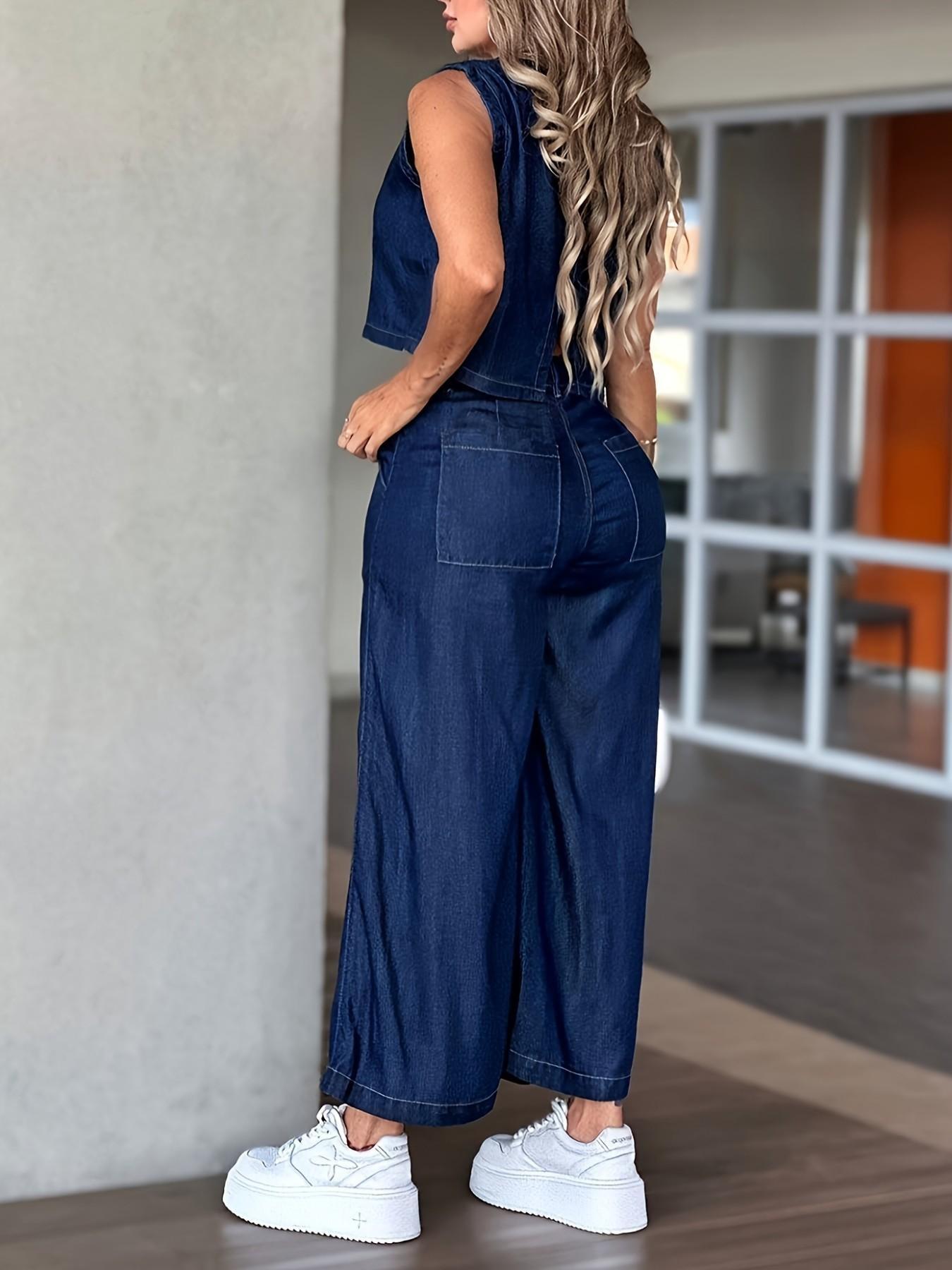 Women's Sleeveless Round Neck Vest & Wide Leg Pants Set, Top, Summer Casual Comfort, Daily Wear, Perfect Choice for Spring & Summer